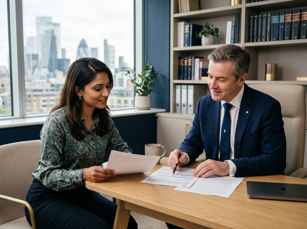 House of Immigration consultation — advisors reviewing documents together in a modern office